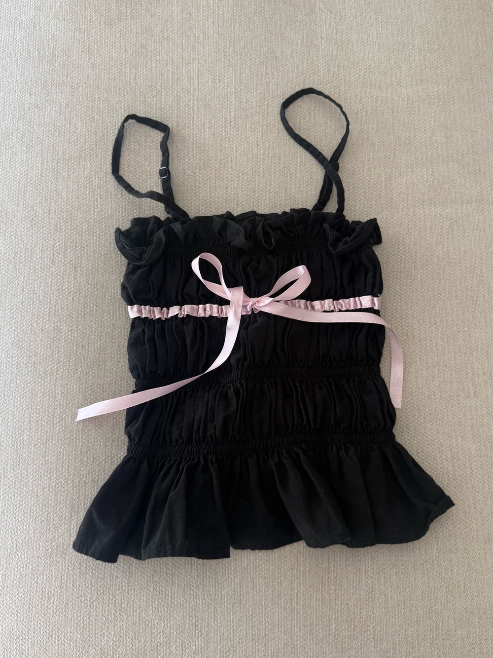 Black Smocked Ruffle Ruffled Tank sleeveless Top with Pink Ribbon